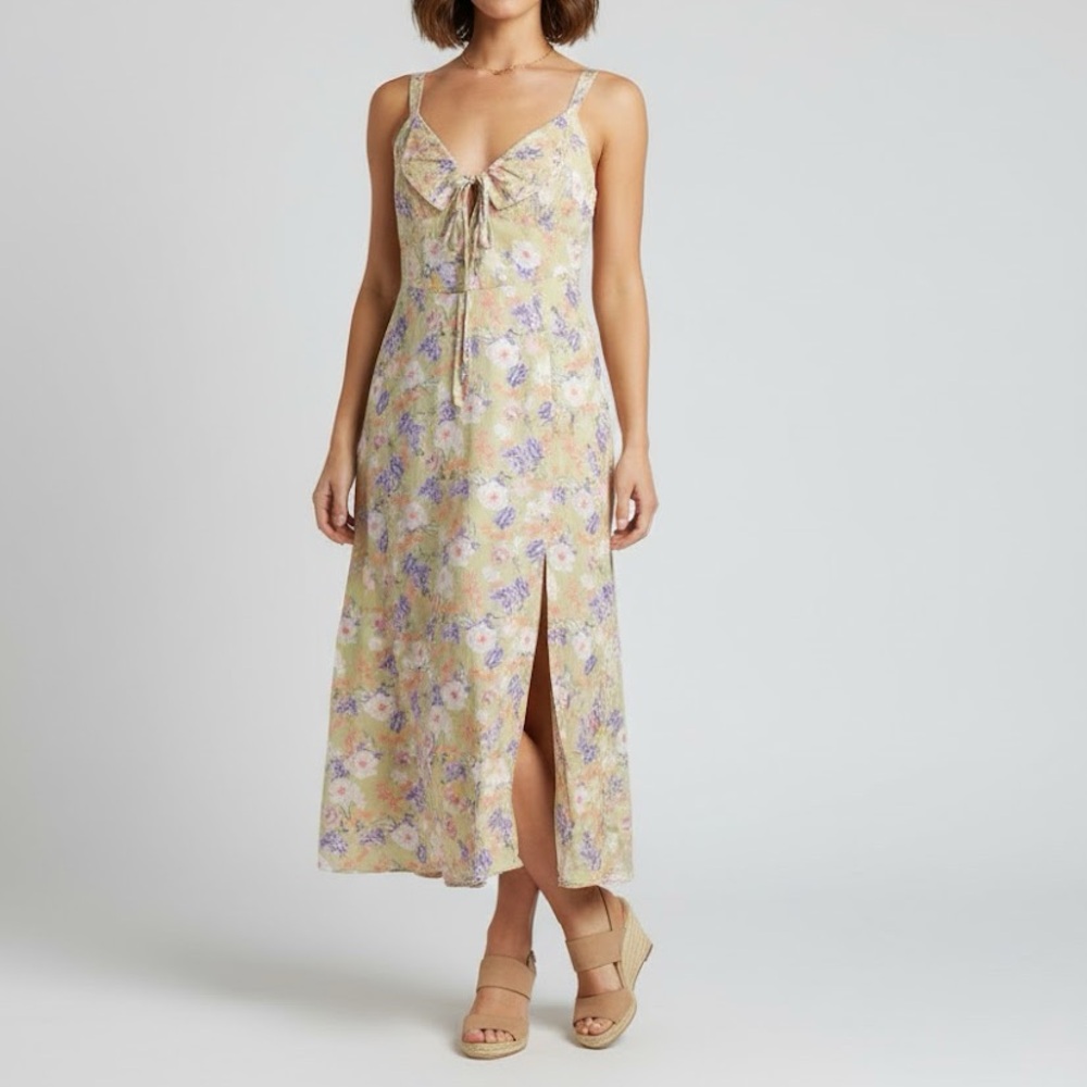 Floral Tie-Front Yellow Midi Dress